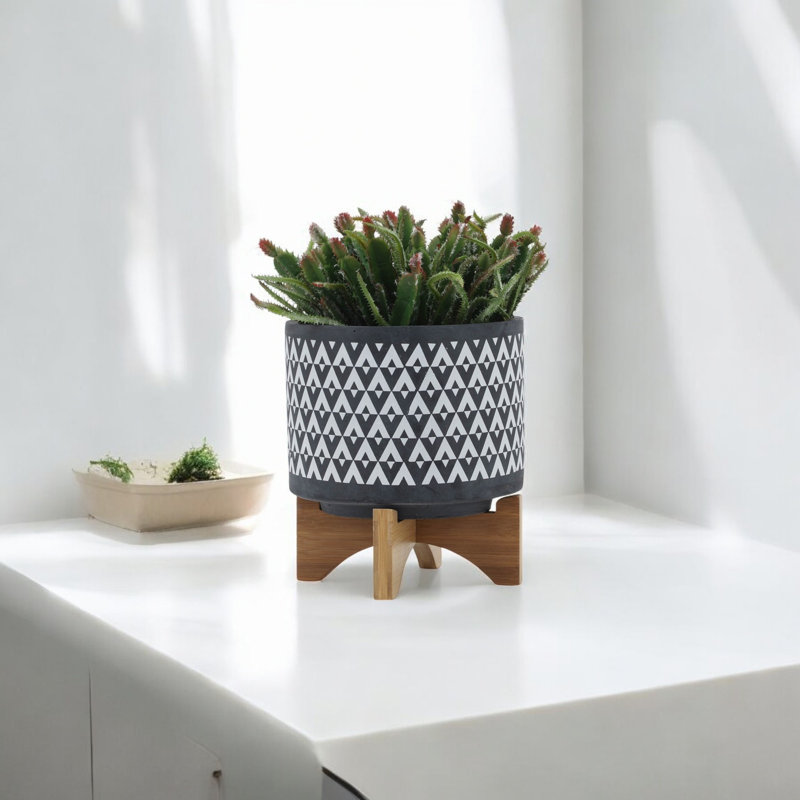 Stoneware Planter with Wooden Stand - Decorative Ceramic Plant Pot with Elevated Base, 9" H x 8" W x 8" D