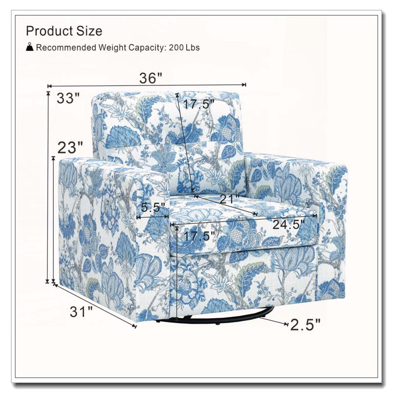 Fauteuil pivotant à 360 degrés à motif floral avec dossier capitonné, Tissu bleu