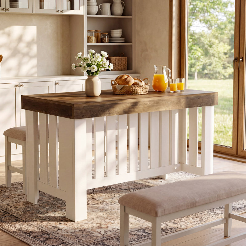 55" Kitchen Island, Farmhouse Large Stationary Wood Island Table With Sturdy Base