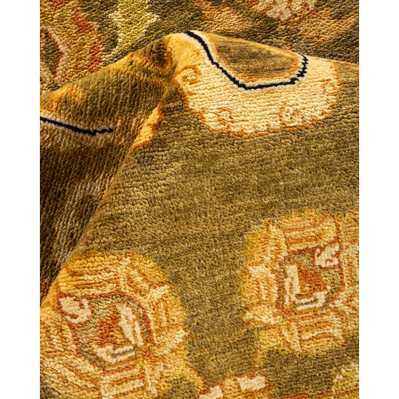Tapis ivoire / jaune en laine noué à la main de conception unique 9 pi 1 po x 12 pi 2 po New Age