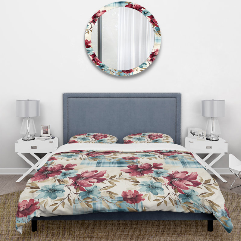 Motif de fleurs bohémiennes à carreaux roses et bleus - Ensemble de housse de couette à carreaux - Microfibre de polyester
