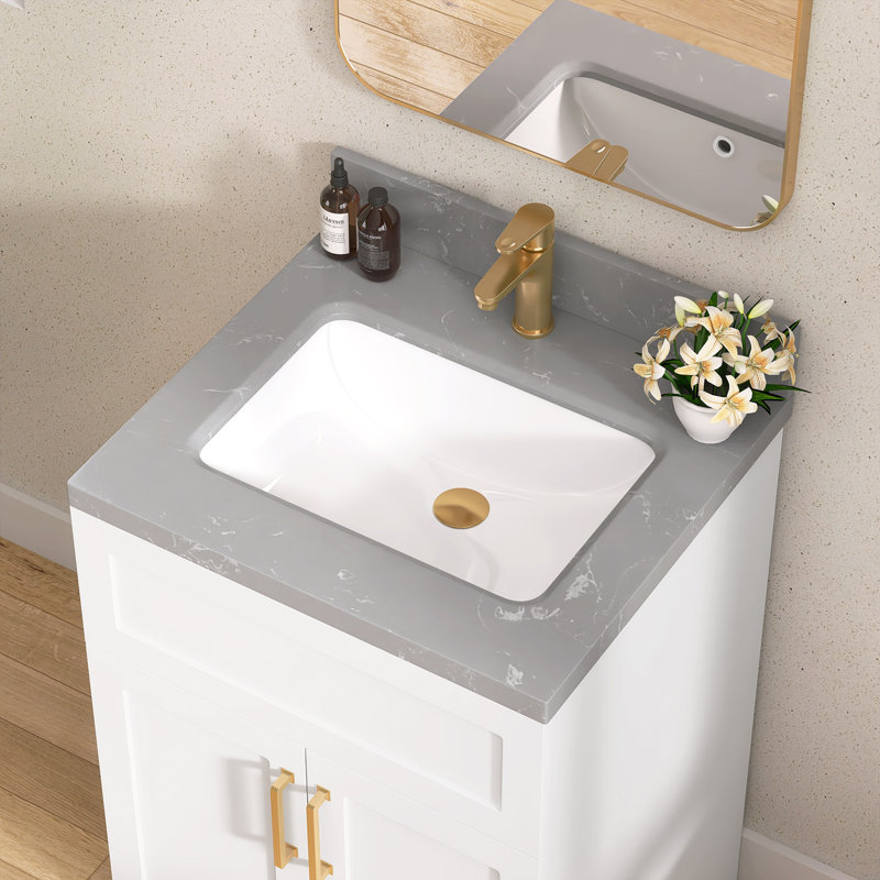 L 24 po x P 22 po. Meuble-lavabo à poser sur comptoir rectangulaire encastré avec comptoir et drain en céramique Dosseret en H et trou de robinet pré-percé