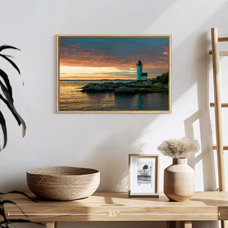 Coucher de soleil sur le phare d'Annisquam, 19 po x 13 po, Cadre flottant en bois naturel