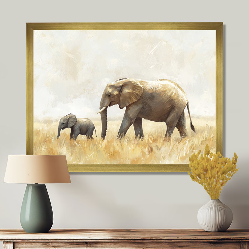 Éléphant avec son bébé en Afrique - Éléphant, art mural, H 24 po x l 32 po, Picture Framed Print, Doré