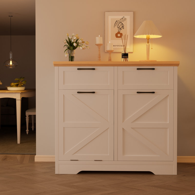 Liora Push-Pull Trash Cabinet With 20 Gallons Wooden Free Standing  (Trash Can Not Included), White/Natural