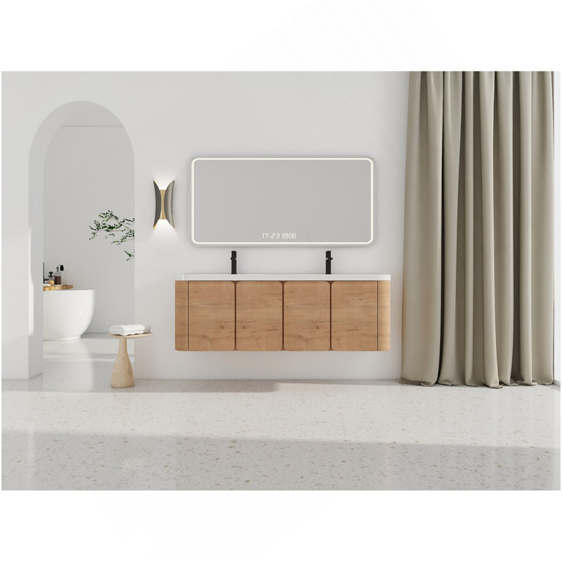 60'' Wall-Mounted Bathroom Vanity With White Resin Sink & 4-Soft-Close Door, KD-Packing, Plywood, Imitative Oak, 59"