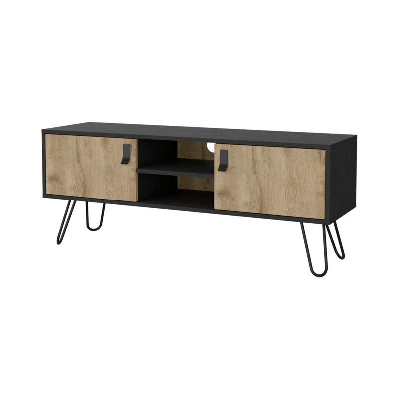 Meuble télé avec pieds en épingle, unité multimédia avec 2 portes et tablettes ouvertes