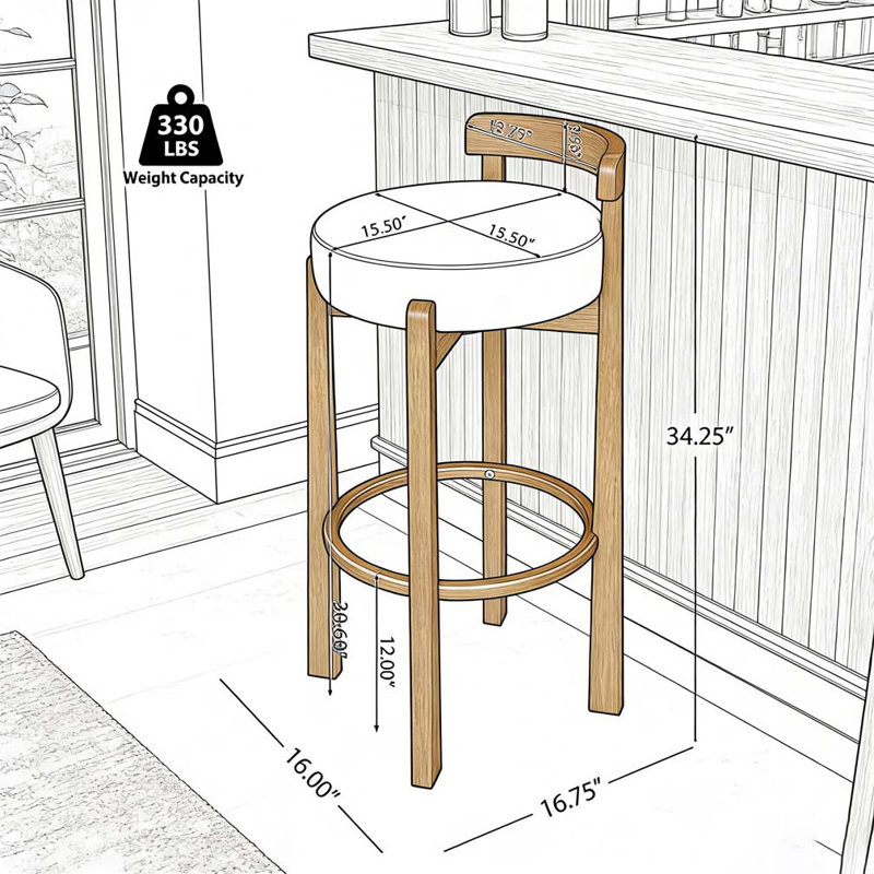 Tabouret de bar d'intérieur en bois à dossier bas, Ivoire, noyer