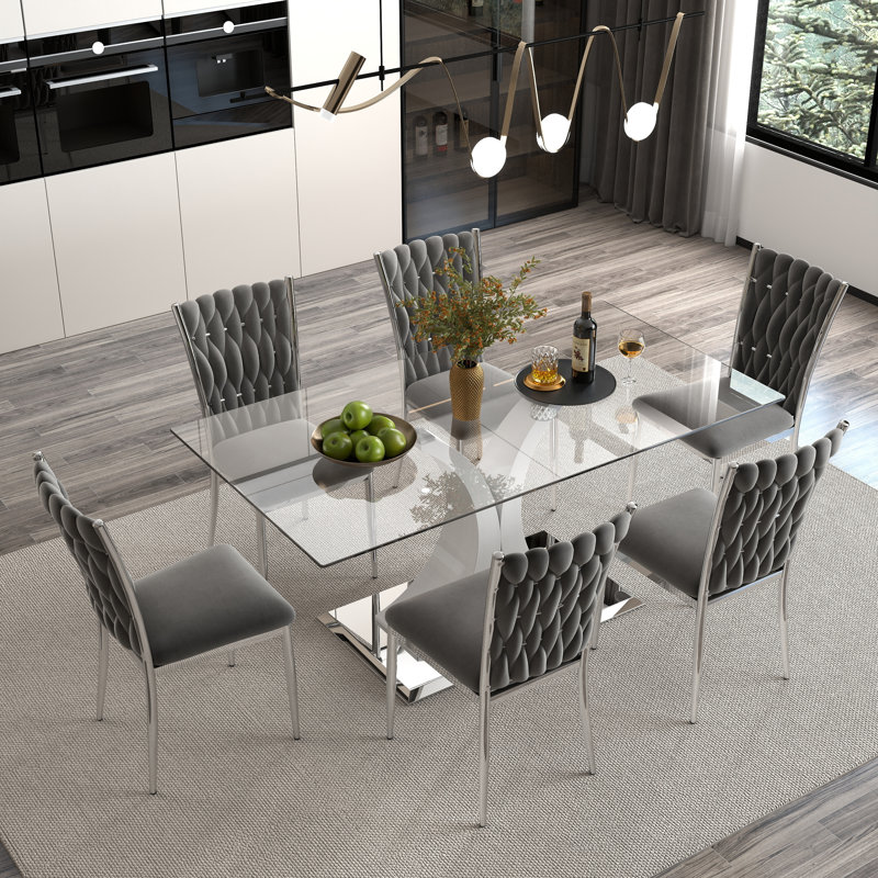 Ensemble de salle à manger moderne en verre, base en métal argenté et chaises en velours 4/6 pour la cuisine et la salle à manger