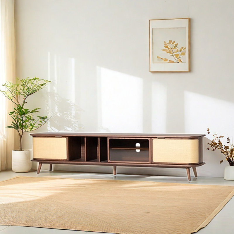 Meuble télé avec verre en rotin de bois, Burlywood / noyer noir, 78.74"