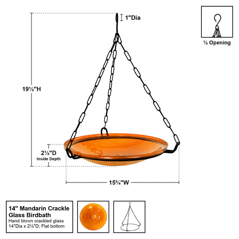 Bain d'oiseaux suspendu en verre craquelé, 14 po, Orange