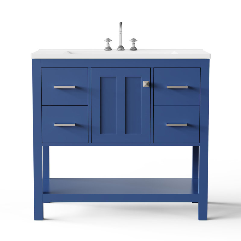  36'' Single Solid Wood Construction Bathroom Vanity With 2 Power Outlets, 1 Usb Port, And 1 Tybe C Port, Blue
