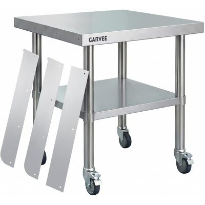 Mobile Stainless Steel Work Table with Removable Splash Guard & Locking Wheels