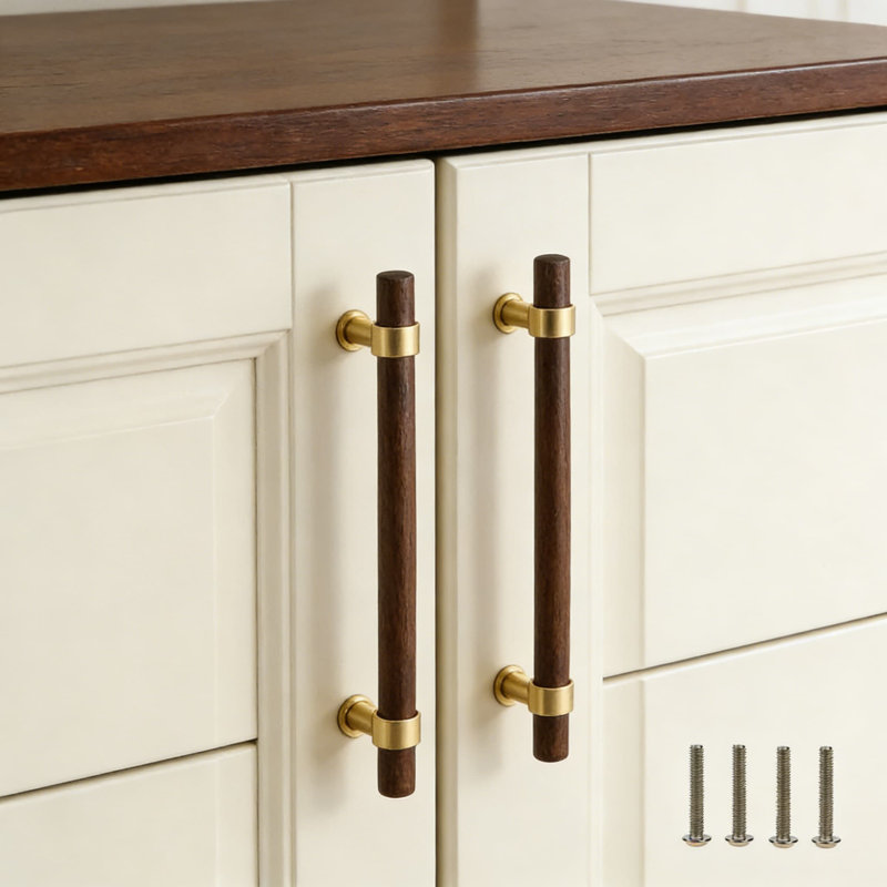 Poignées de tiroir réglables, laiton massif avec finition noyer, quincaillerie d'armoire à deux trous pour garde-robe et meubles de cuisine, vis de fixation incluses (paquet de 2)