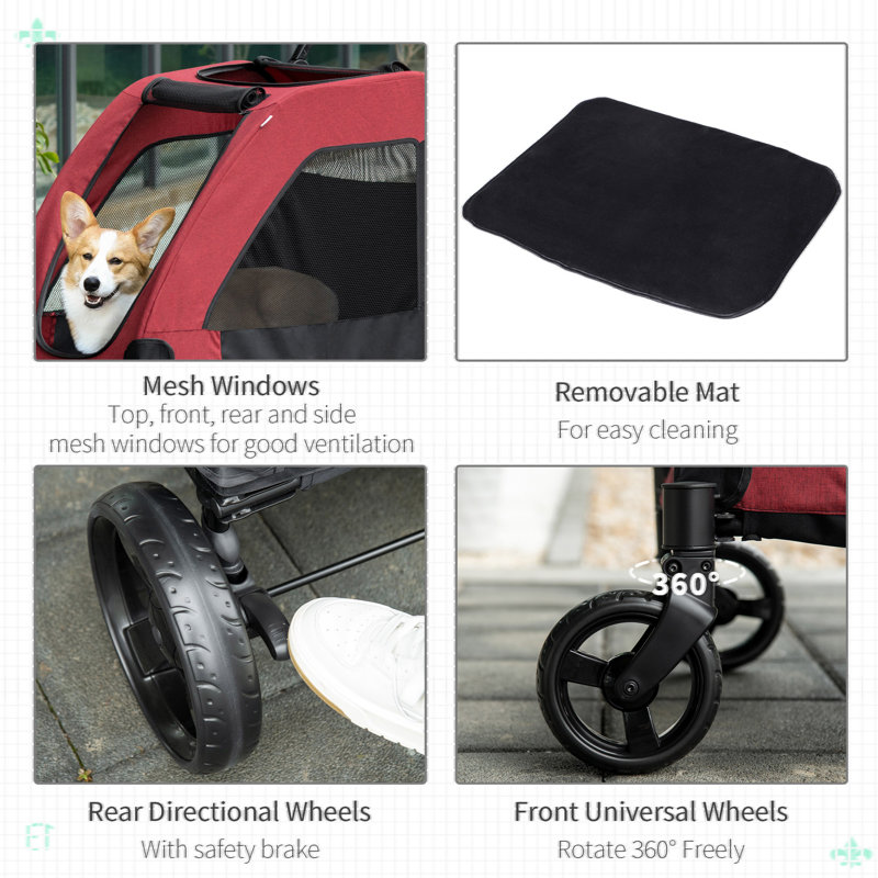 Poussette pour animaux avec roue de rangement universelle ventilée pliable, Rouge