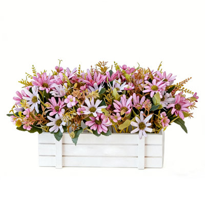 Desktop Artificial Flower Potted Ornaments  Silky Cloth Daisy Faux Floral Wooden Fence Vase + Flowers, A10
