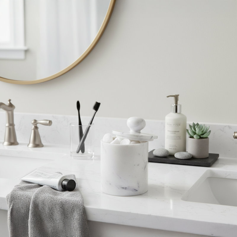 100% Marble Cylinder Bin, Marble White