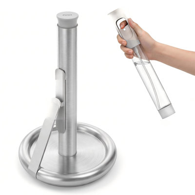 Paper Towel Holder ith Spray Bottle, Countertop Freestanding Paper Towel Dispenser with Spring-Loaded Tension Arm for One-Handed Tear, Weighted Non-Slip Base, Stainless Steel for Kitchen