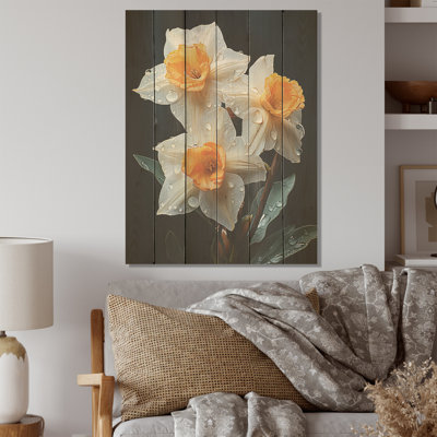 «Dewy Daffodils At Sunrise» - Art mural en bois jonquilles sur bois de pin naturel