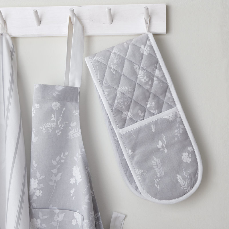 Meadowsweet Floral Cotton Double Oven Glove Grey, White/Gray