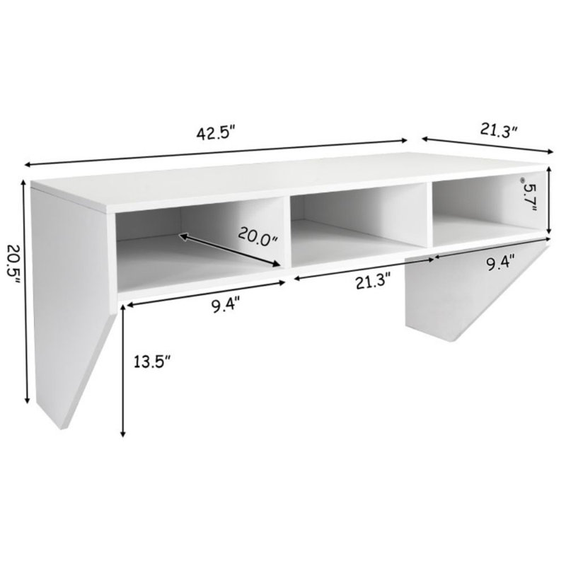 Yves Modern Wall Mounted Floating Computer Table Desk with Storage Shelves, White