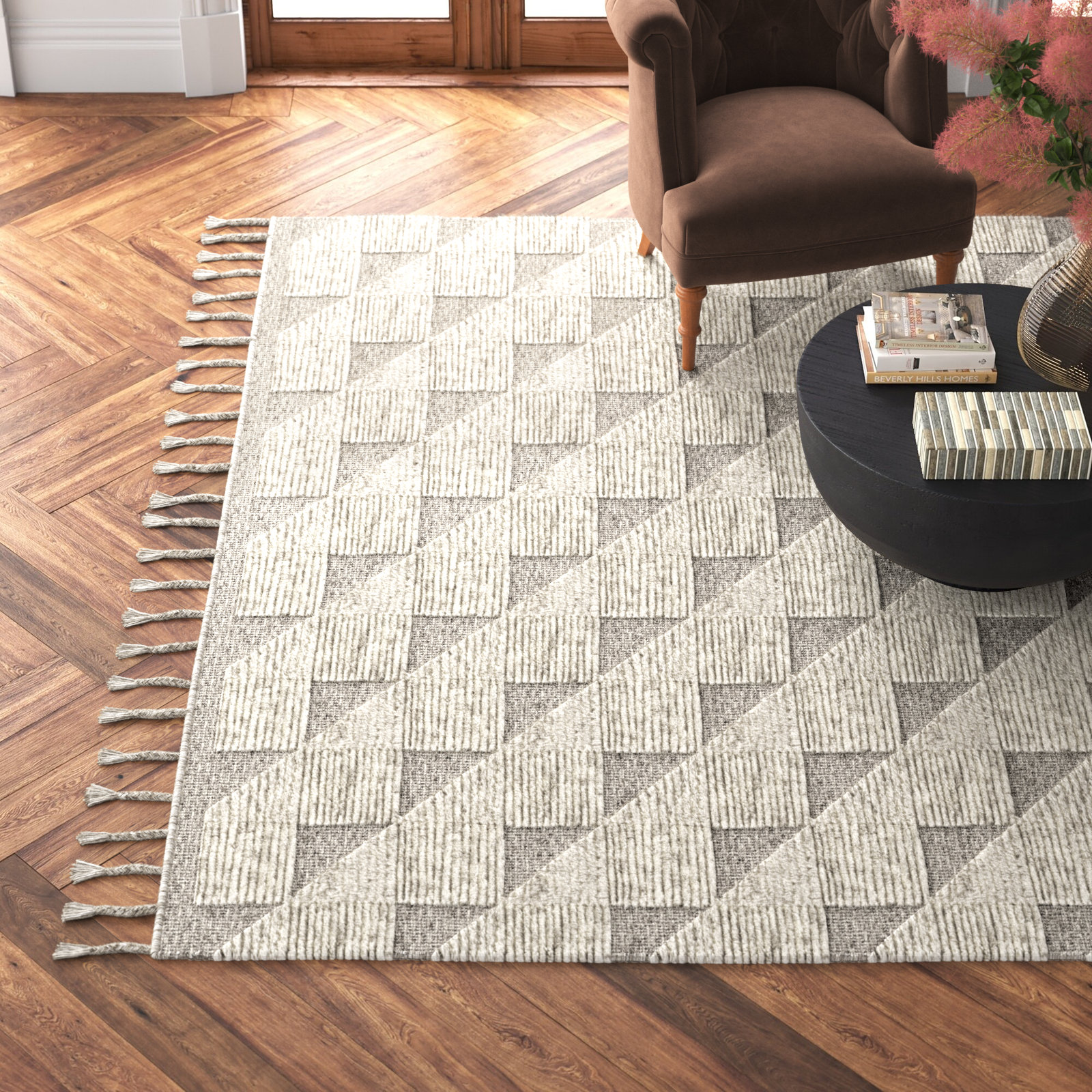 Ro Brown Ivory Hand-Woven Geometric Rug, Rectangle 8'10" x 12'