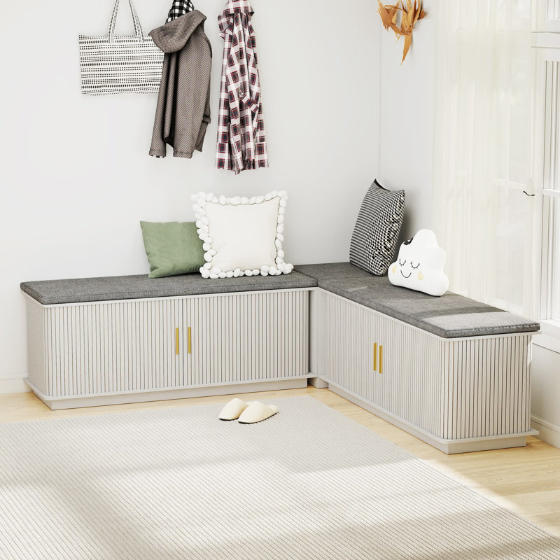 L-shape Storage Bench With Sliding Door, Corner Storage Bench, Fluted Breakfast Nook Bench For Dining Room, Kitchen, White