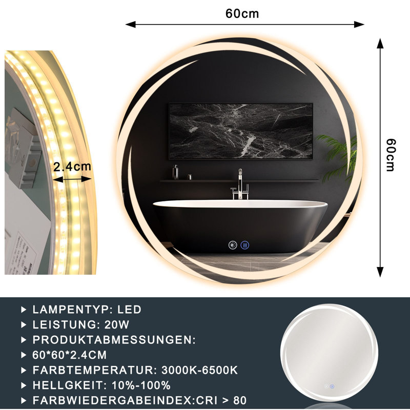 Wall mirror bathroom mirror round LED with lighting touch dimmable, 60 cm H x 60 cm W