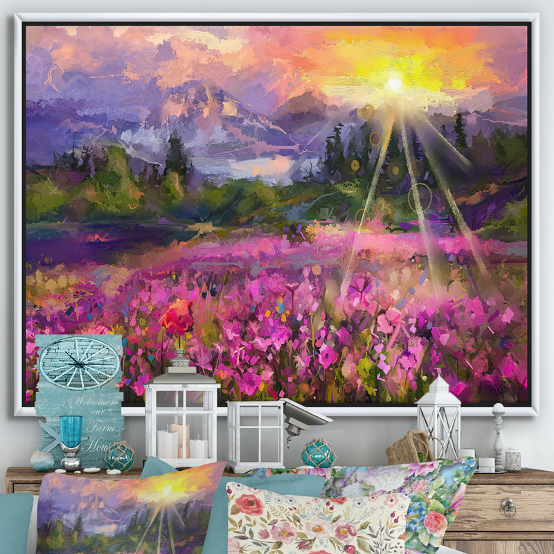 Fleurs de cosmos mauves avec soleil éclatant - reproduction d'art sur toile, Toile avec cadre blanc