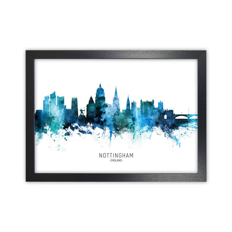 Nottingham England Skyline Blue City Name by Michael Tompsett - Print, 46cm H x 63cm W x 3cm D, Black Framed