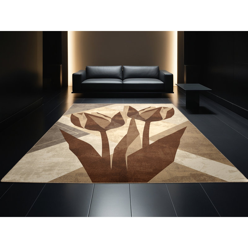 Machine Washable Paesyn Tulip Modern & Contemporary Geometric Shapes Rug in Beige – Beige Binding, 6' Square