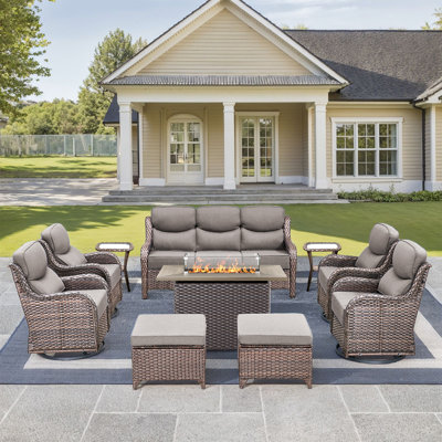 10 Pieces Patio Furniture Set, Outdoor Wicker Sofa Couch With Swivel Chairs 41" Fire Pit Table, All Weather High Back Modern Conversation Sets, Rattan