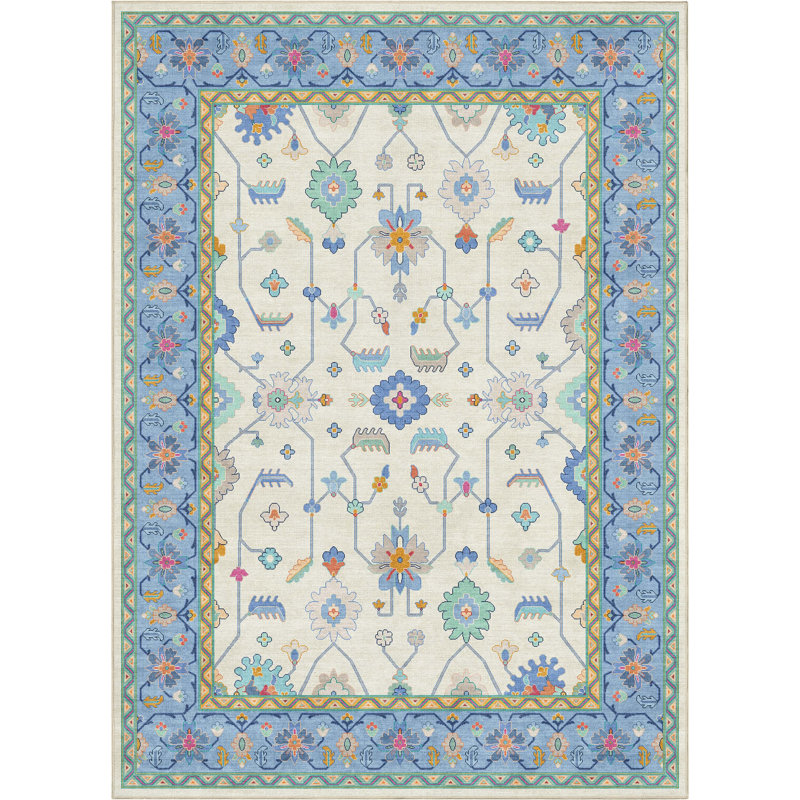 Bungalow Rose Adrith Antalya Modern Vintage Boho Ivory Blue Multi Area Rug, Rectangle 6' x 9'