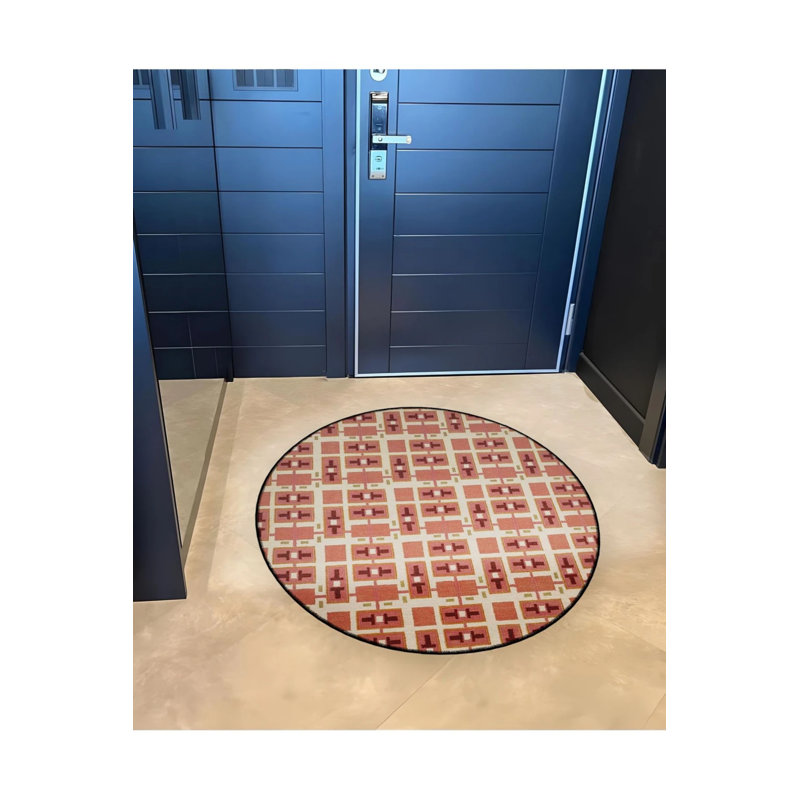 Brick Color Plaid Patterned Round Woven Base Modern Decorative Carpet, Round 3'4"