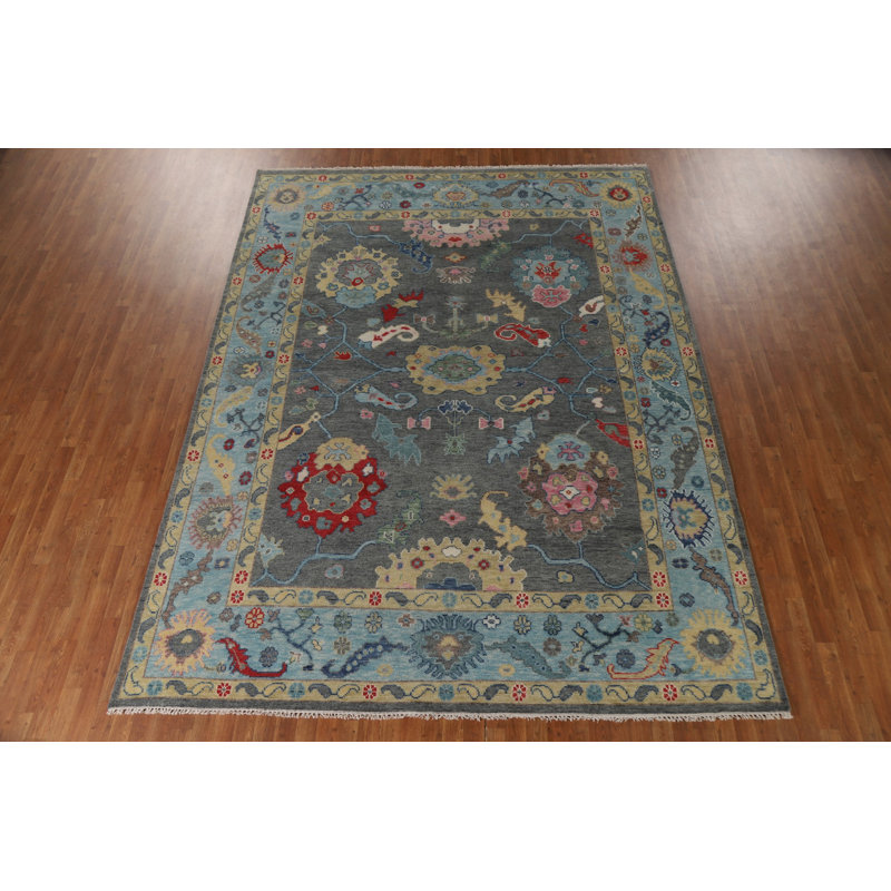 Tapis oriental gris à motif floral Oushak 9 x 12