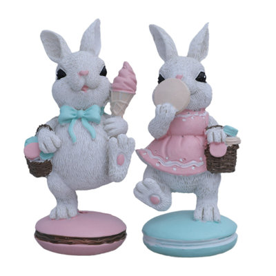 Easter Bunny Figurines Set Of 2 Decor Spring Decorative Rabbits Couple With Colorful Cake