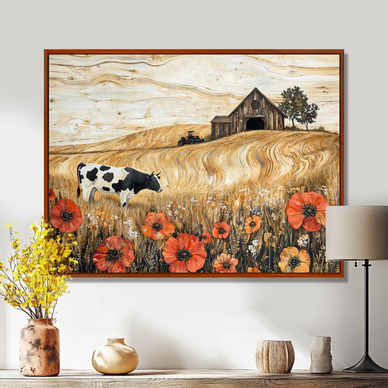 Paysage de coquelicots et vache et la grange II - coquelicots, art mural, H 30 po x l 40 po, Cadre flottant brun