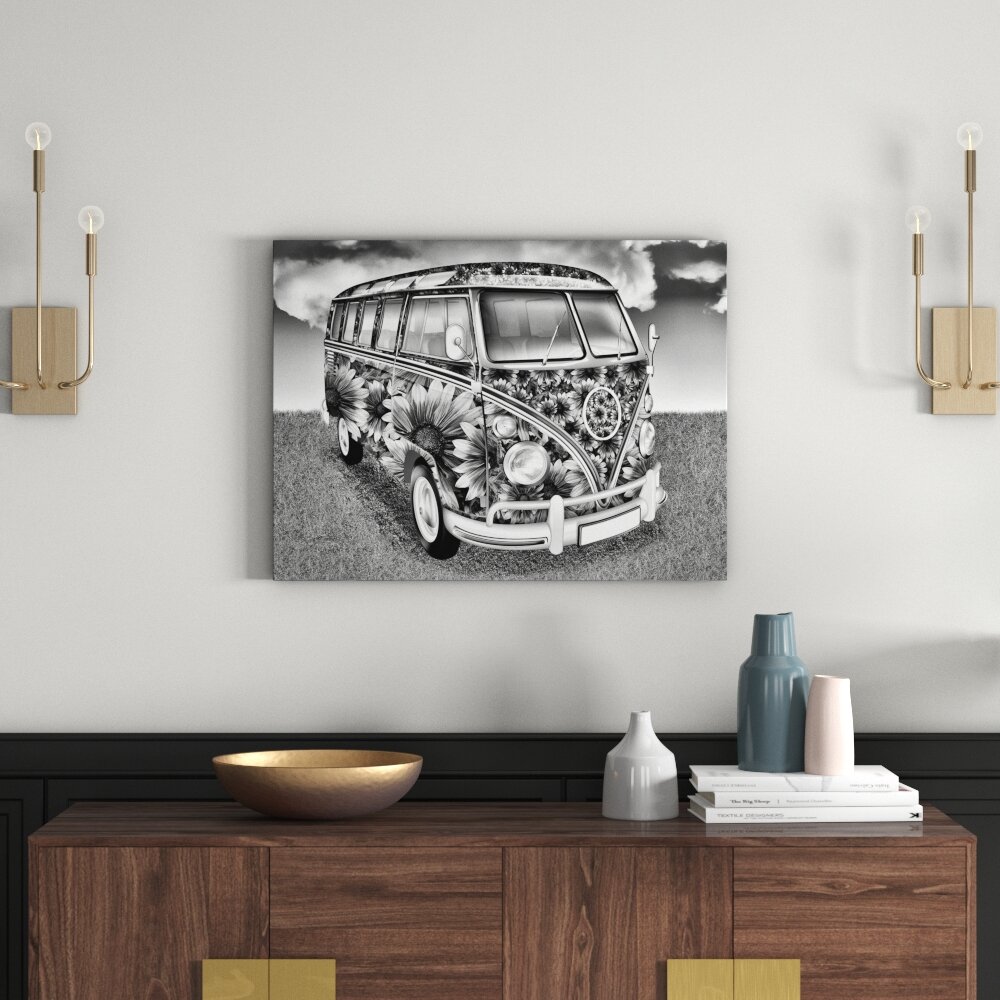 Leinwandbild Kult 60´s Flower Power Hippie Bus in Monochrom