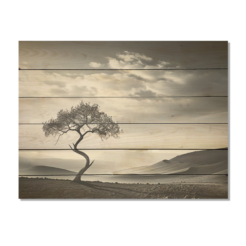 «Desert Solitude Tree Vision» - art mural sur bois de pin côtier naturel, H 30 po x l 40 po