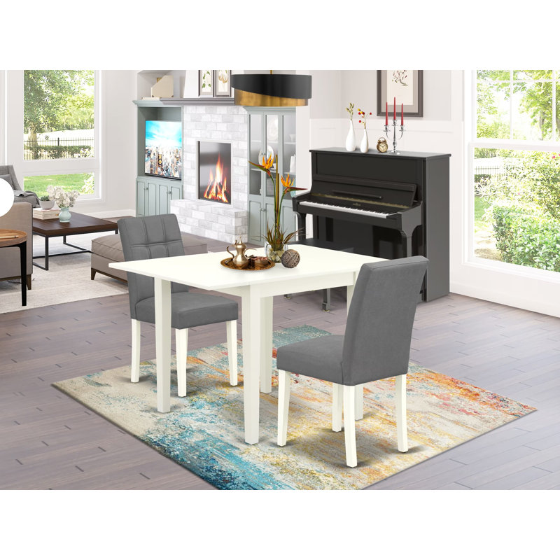 3 Piece Dining Table Set Includes A Dinner Kitchen Table and 2 Platinum Gray Polyester Fabric Upholstered Chairs with Stylish Back- Linen White Finish