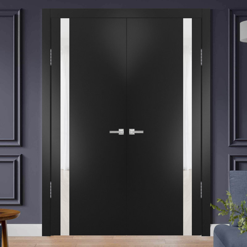 Planum Frosted Glass Panelled Wood French Doors, 36" x 80", Black