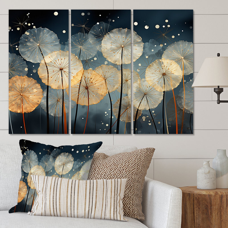 «White Teal Dandelion Symphony II» sur toile, reproduction de 3 pièces, H 40 po x l 60 po x P 1 po