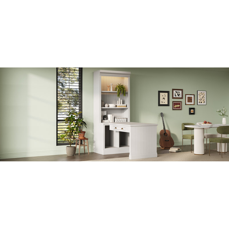 83.4"Tall Bookshelf With Writing Desk, Modern Bookcase With Study Desk, Workstation With Storage Shelf,Storage Bookcase With Open Shelves And LED Lighting For Living Room,Home Office,White