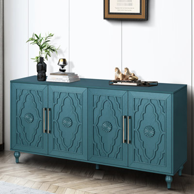 Armoire de rangement en bois avec portes à motifs floraux pour espaces de vie - Bleu marine et poignées en métal