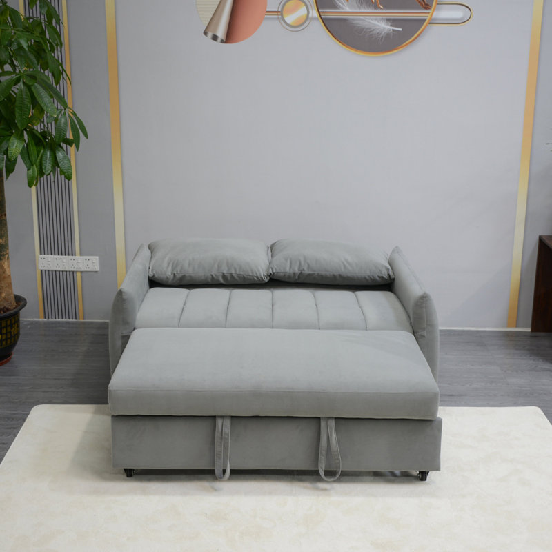 Lit en velours gris avec dispositif coulissant, 2 poches latérales et coussins, dossier réglable pour le salon, canapé-lit convertible, tissu, surface, véranda