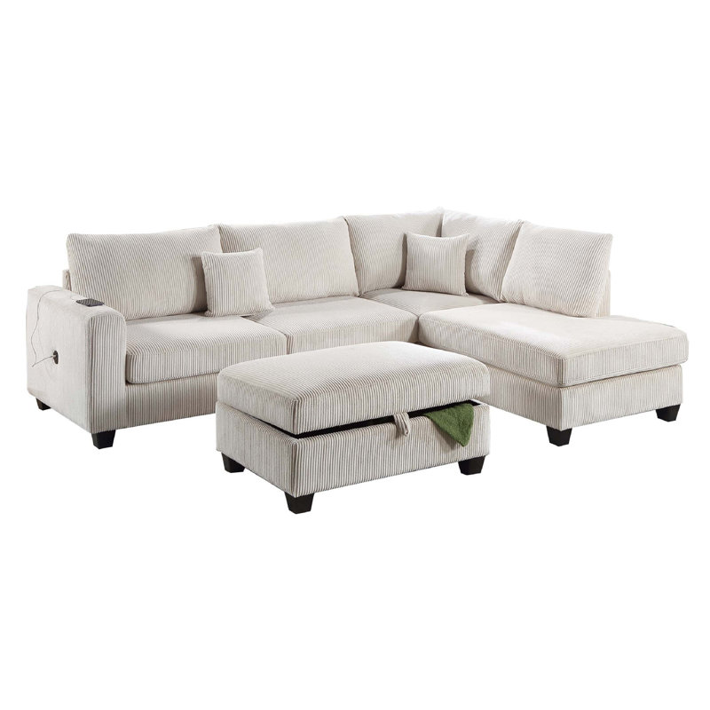 Roe 3Pc Sectional Sofa Set With Chaise, Ottoman, 2 Pillows, Ivory Corduroy