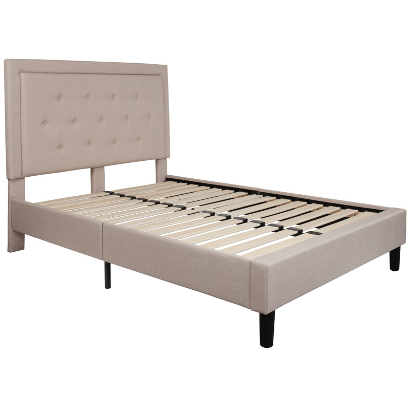 Base de lit tapissier plateforme avec panneau capitonné Aluino - ne requiert pas de sommier tapissier, Beige, Double