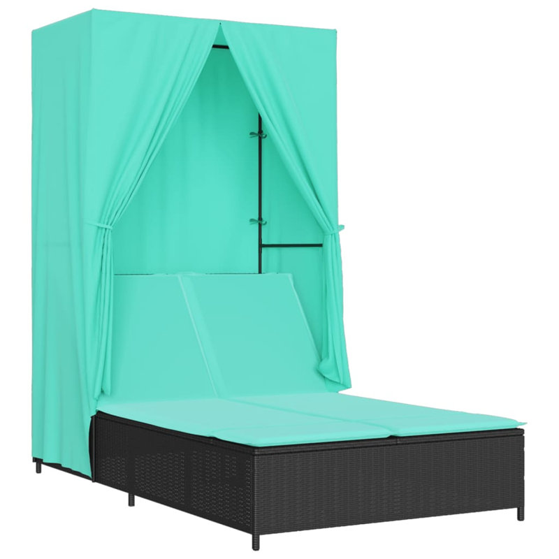  Double Sun Lounger With Roof And Curtains Black Poly Rattan, Turquoise Cushion/Black Frame