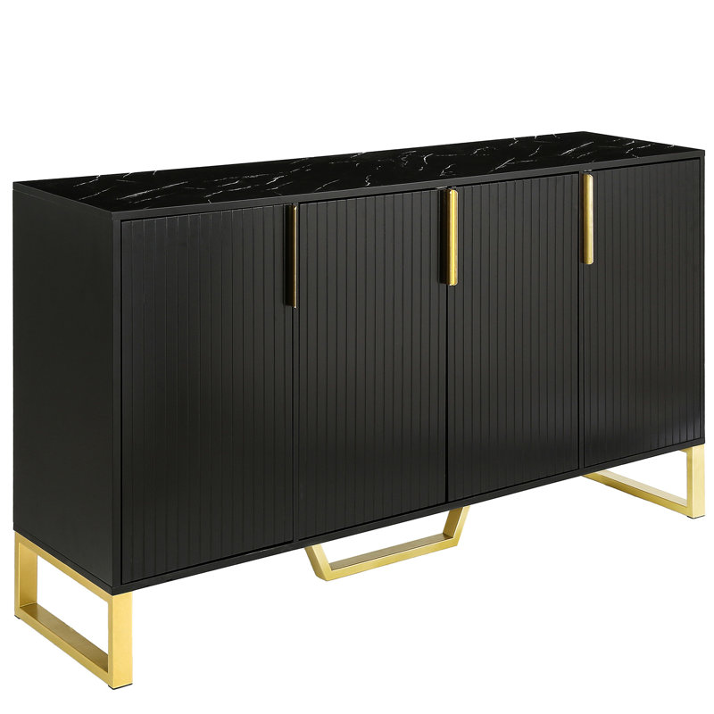 Buffet noir, tablettes réglables, pieds en métal et buffet à motif géométrique avec plateau en marbre, quatre portes, tablettes