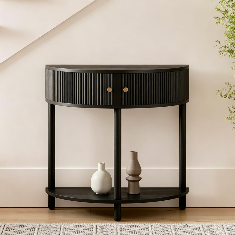 Fluted Half Moon Console Table With Hidden Storage - Modern Narrow Entryway Table For Living Room, Hallway & Small Spaces - Two Fluted Doors With Brass Knobs